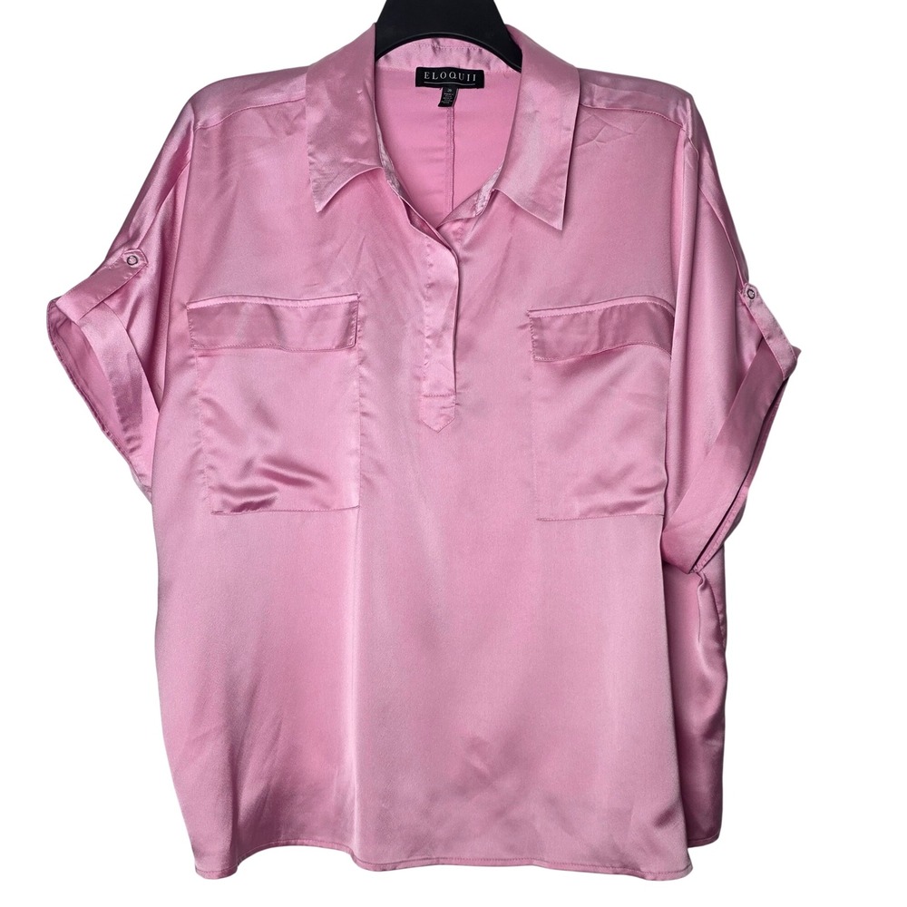 Eloquii Pink Satin Short Sleeve Utility Blouse Top Size 20 1052636